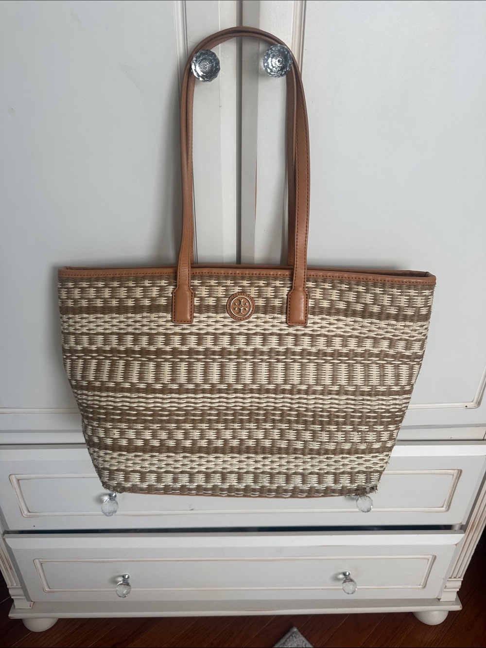 Tory Burch Tan and Cream Woven Leather-Trim Tote